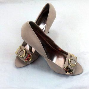 Qupid peep toe buckle brushed tan heels pumps 10